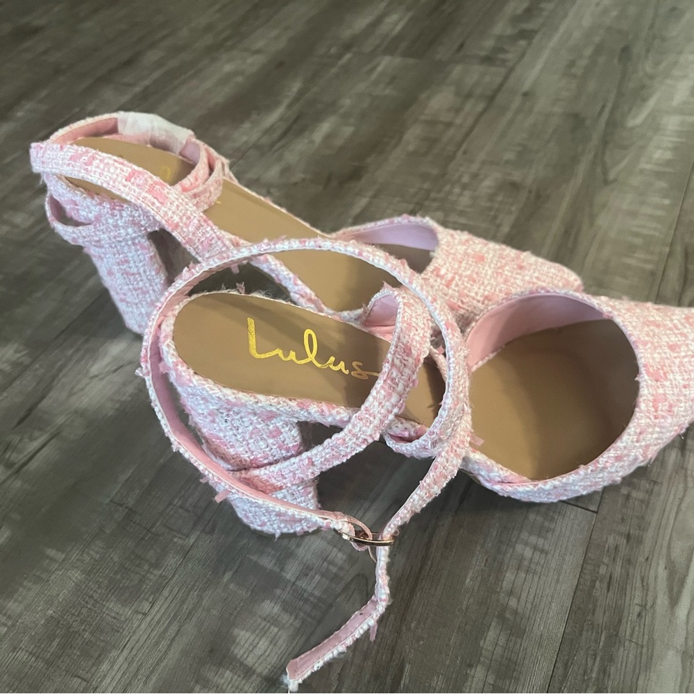 Tweed Ankle Wrap Pointed Toe Pumps in Pink - Picture 2 of 7